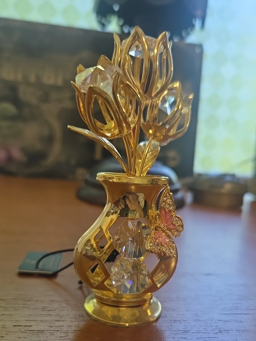 24K Gold Plated Tulip Crystal Accent Vase with Butterfly